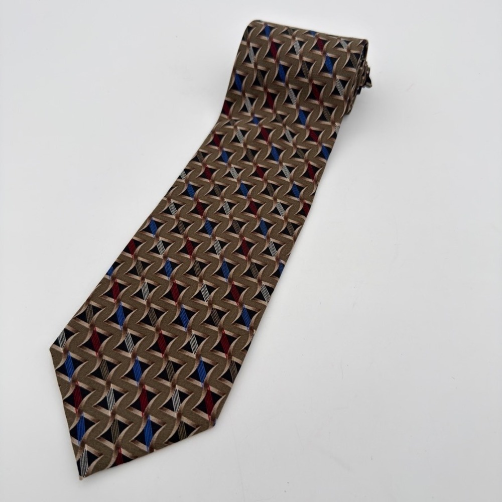 JZ Richards Nordstrom Silk Tie Geometric Brown Blue 4" Wide 60" XL USA